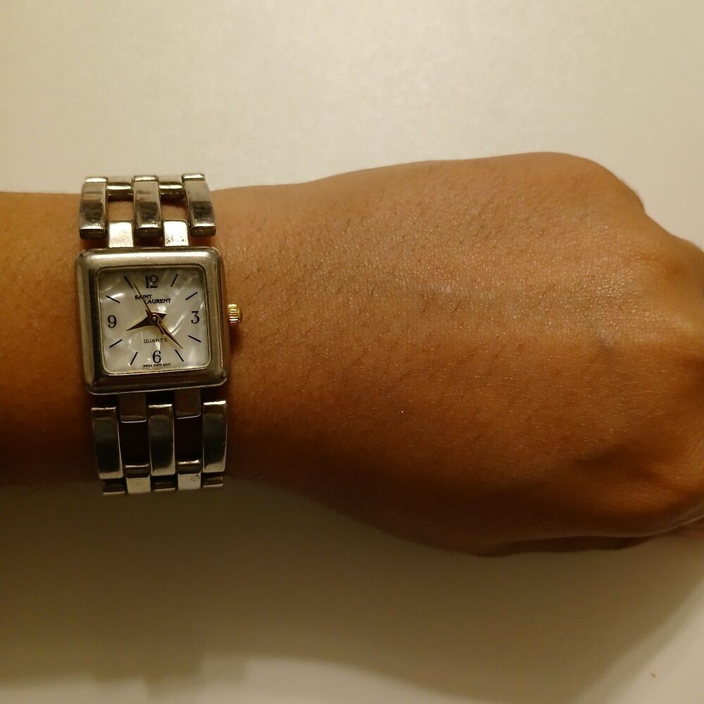 Vintage 90s Saint Laurent Women's Silver Tone Square MOP Dial Quartz Watch - Picture 9 of 17